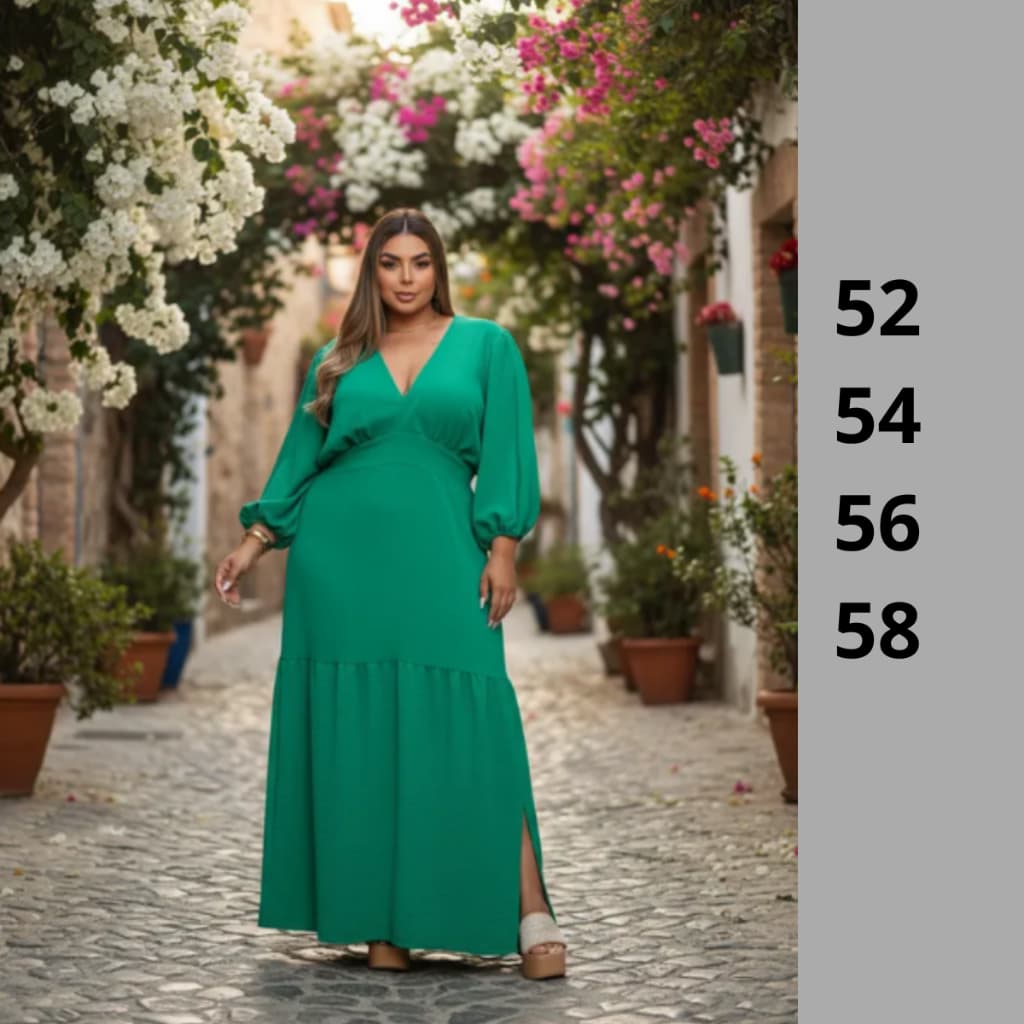 Vestido Festa Plus Size Longo Moda  Evangélica com Decote V com Mangas Longas para Festas Madrinha ou Convidada