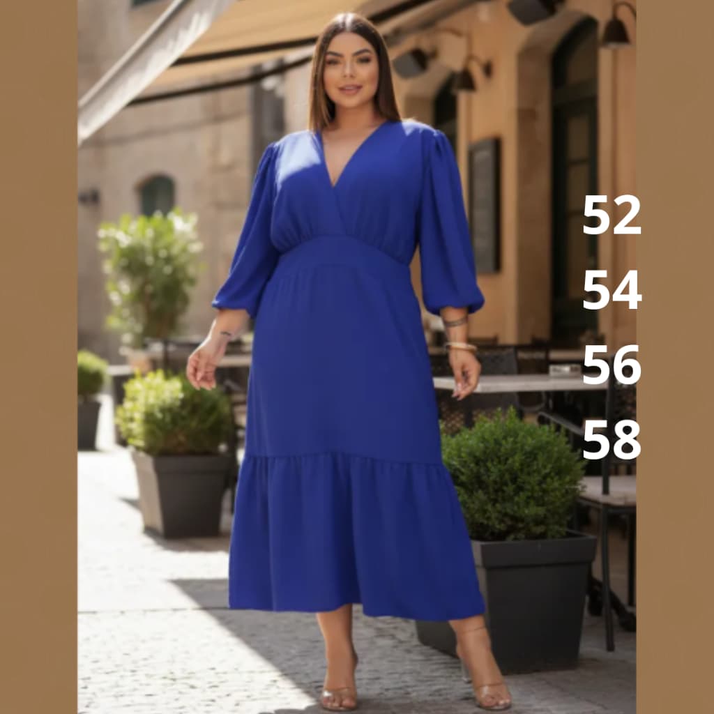 Vestido Plus Size Mídi Elegante Moda Evangélica com Discreta Fenda na Manga Longa e Babado da Saia para mulher Virtuosa