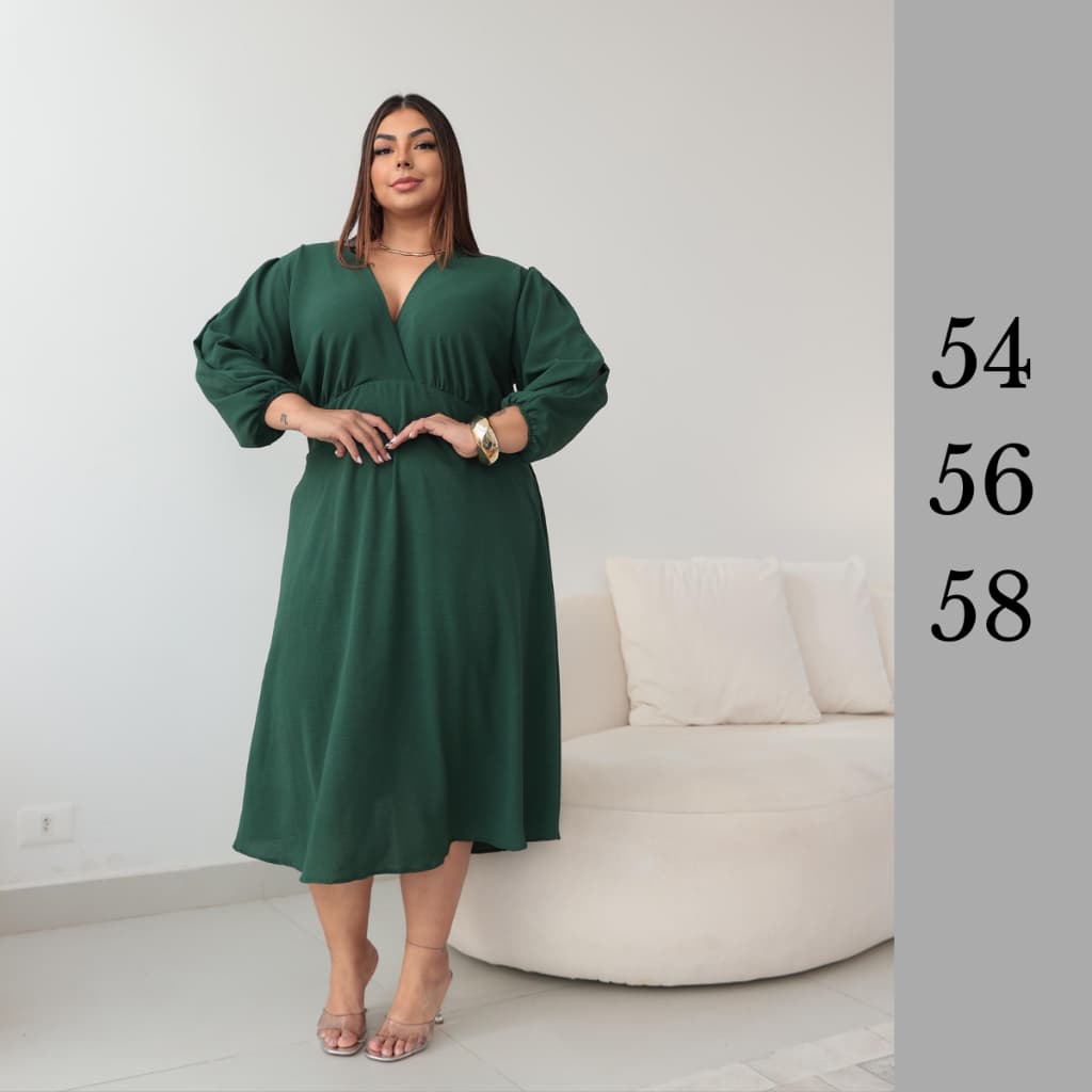 Vestido Plus Size Midi Soltinho Manga Longa Decote V Estilo Sofisticado Clássico Elegante Moda Evangélica