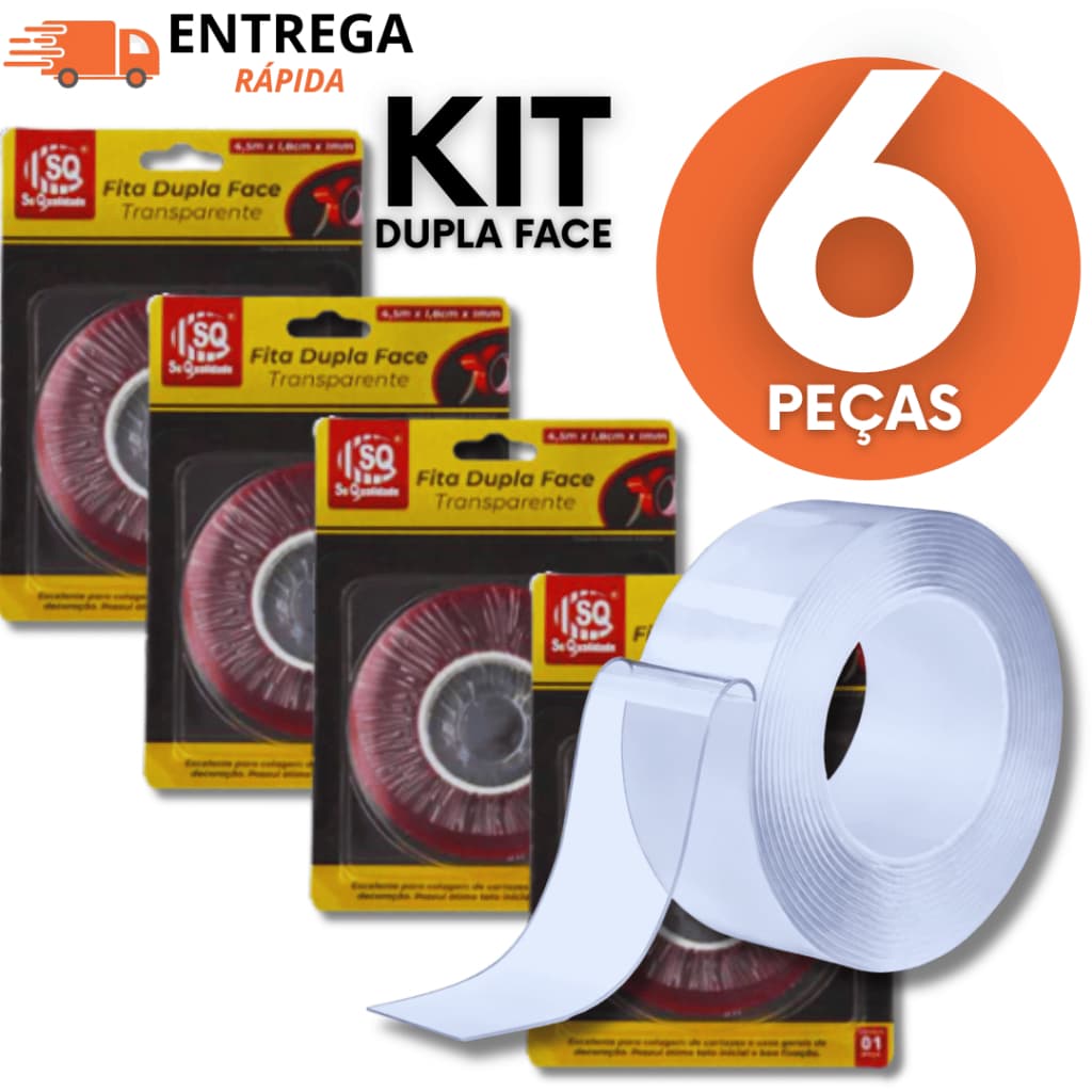 Jogo Fita Dupla Face Transparente 4,5m Forte Para Fixação Em Uso Geral Industrial