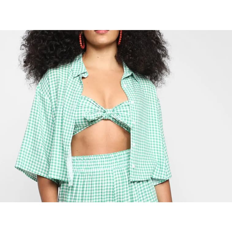 Conjunto camisa + cropped xadrez verde manga ampla festa junina