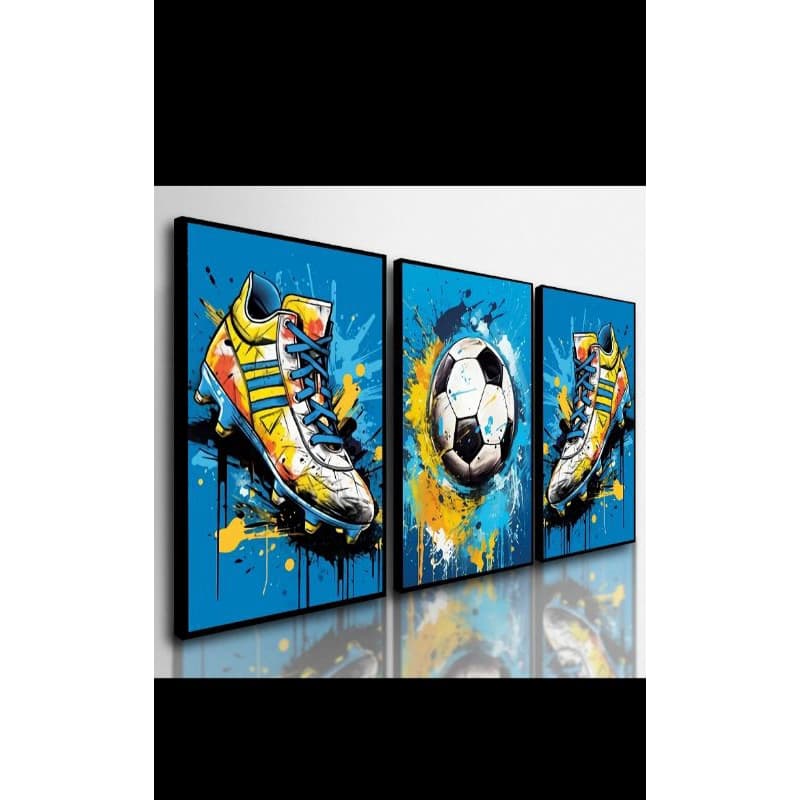 Kit 3 Quadros Decorativos Futebol Street Art - Chuteira e Bola Colorida | H.E.P Decore
