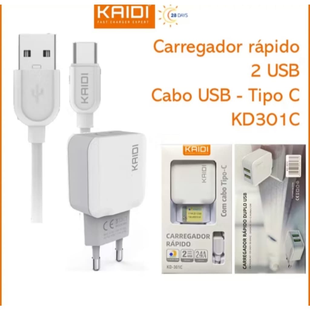 CARREGADOR RAPIDO KAIDI COM CABO TC E FONTE 2 ENTRADAS USB
