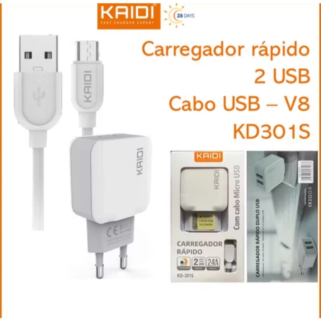 CARREGADOR RAPIDO KAIDI USB-V8 CABO MICRO-USB