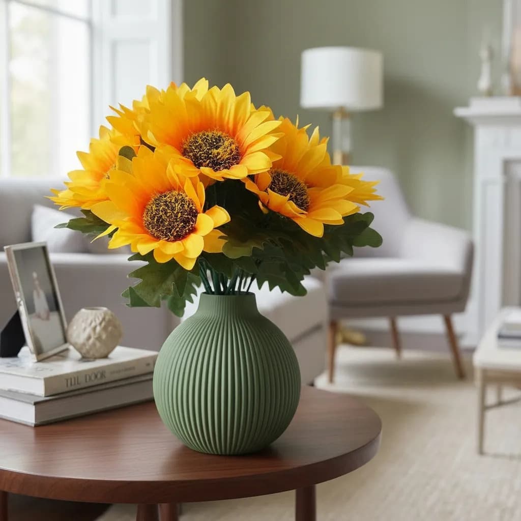 Arranjo Decorativo de Girassol com Vaso – Flor Artificial Realista – 26 cm