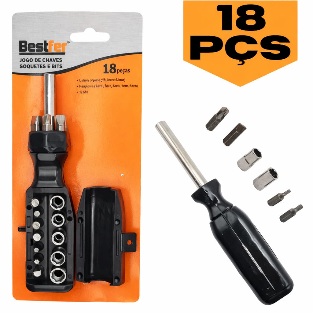 Jogo Kit de Bits e Soquetes 18 Peças Fenda Philips Sextavado Torx Ponteiras e Canhão