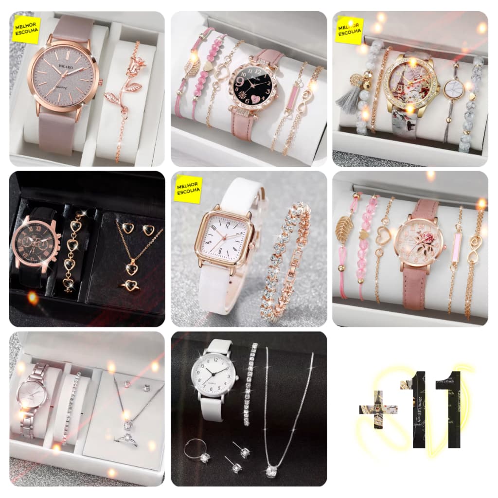 Mais de 18 Kits de Relógio Femino P/ Você Escolher Pulseira, Colar, Brinco e Anel Presente Perfeito