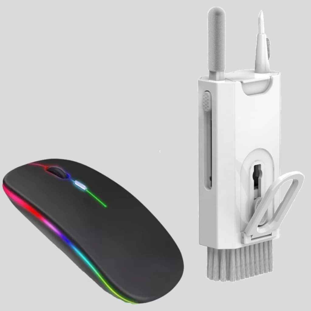 Kit Mouse Sem Fio Recarregável Led Rgb Ergonômico e acessório de Limpeza de Pc Multifuncional 8 em 1
