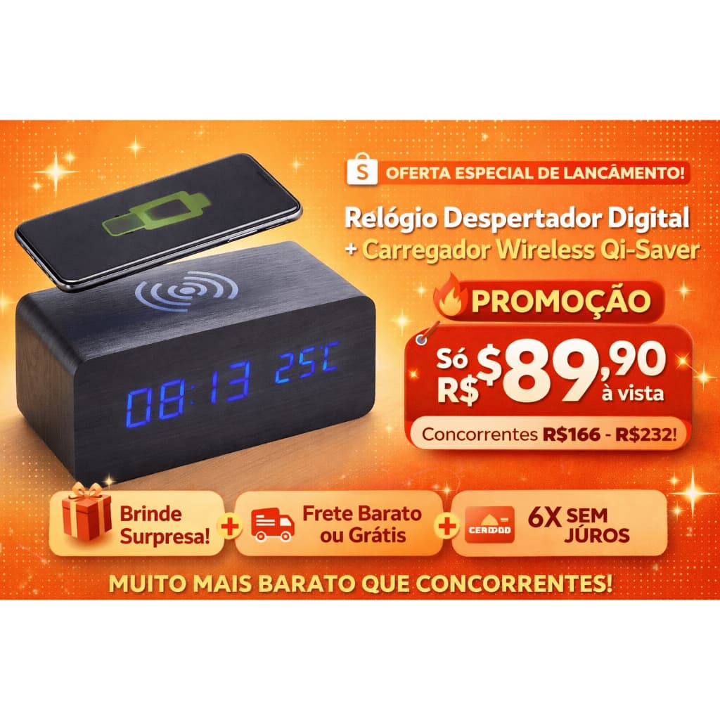 Relógio Despertador Digital com Carregador por indução Wireless Qi | LED • USB • Celular iPhone Samsung
