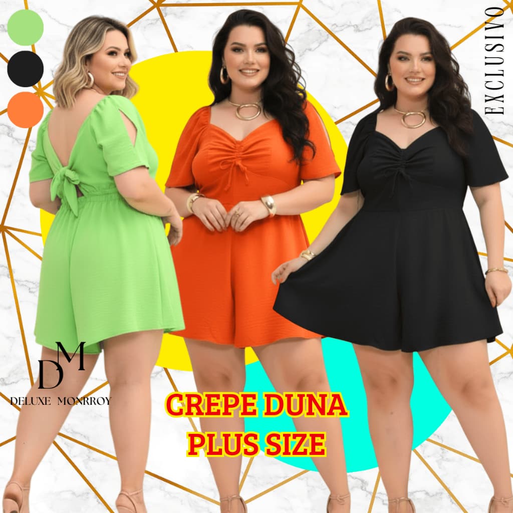 Macaquinho Plus Size Amarrar Costas 🔥😍 Soltinho Crepe Duna Macacão com Elástico Verão Curto Calor