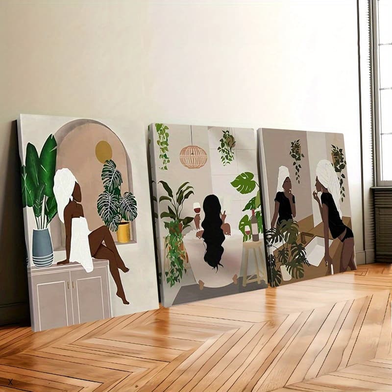 Kit 3 Quadros Decorativos Mulheres Negras Boho Arte Decorativa Elegante Para Banheiro