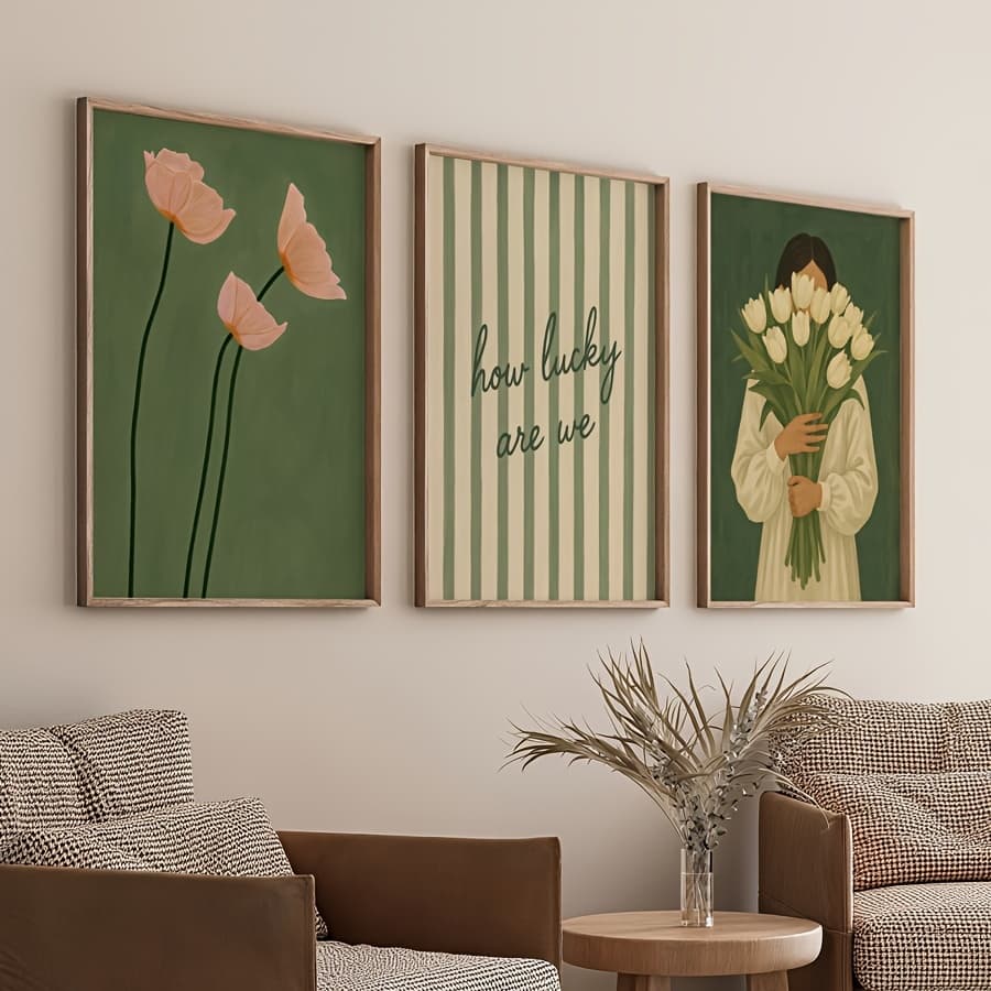 Kit 3 Quadros Decorativos Frases Românticas Vintage Verde Floral Boho Arte Para Quarto