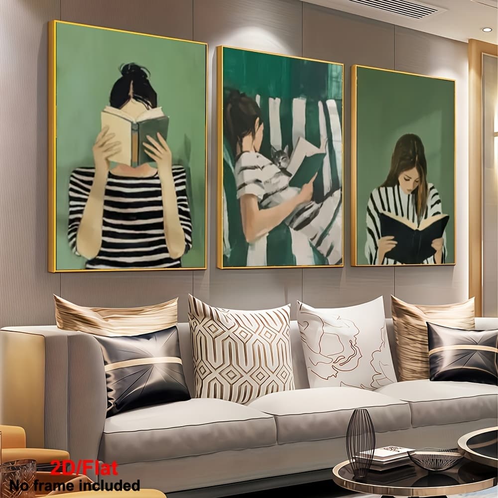 Kit 3 Quadros Decorativos Mulher Lendo Livro Verde Arte Minimalista Moderna Quarto