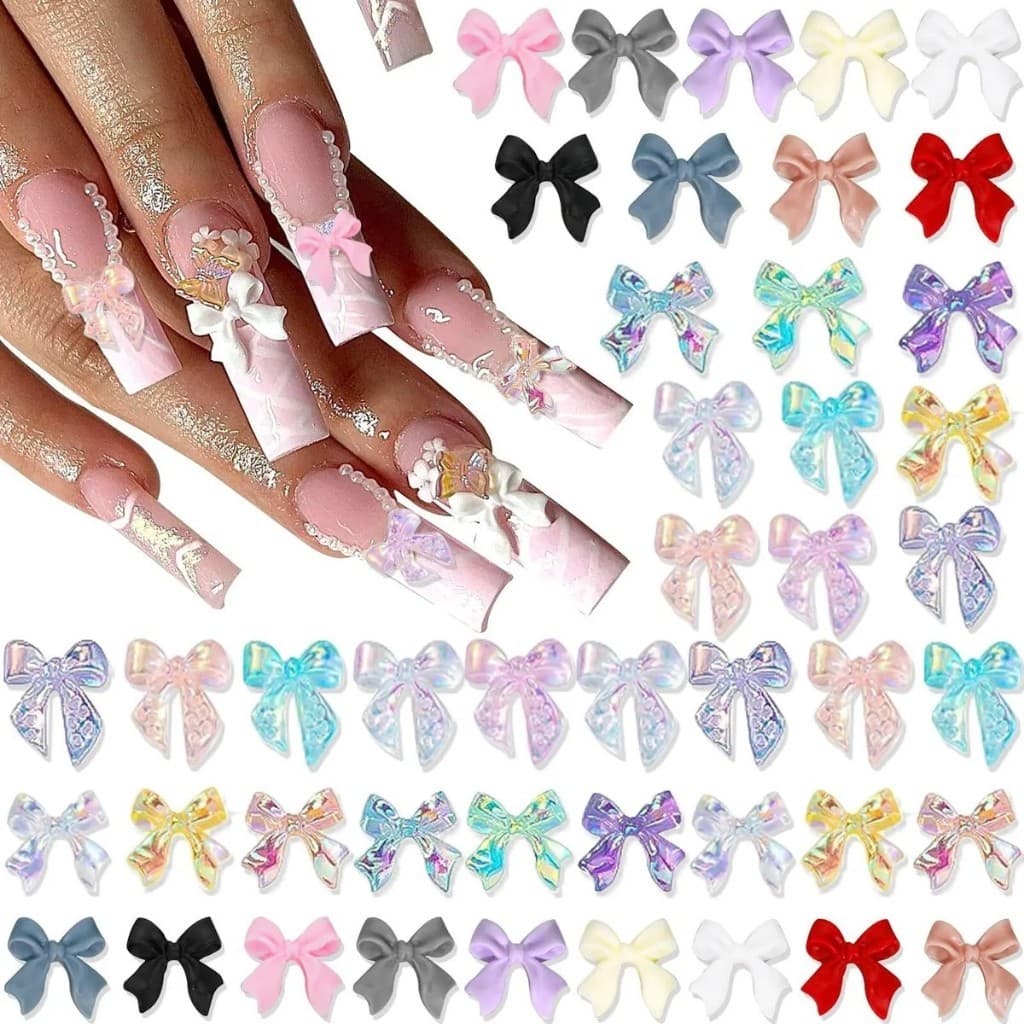 96Pcs Caixa Misturado 3D Resina Arco Encantos Da Arte Do Prego Rosa Branco Roxo Aurora Bowknot Flatback Gemas