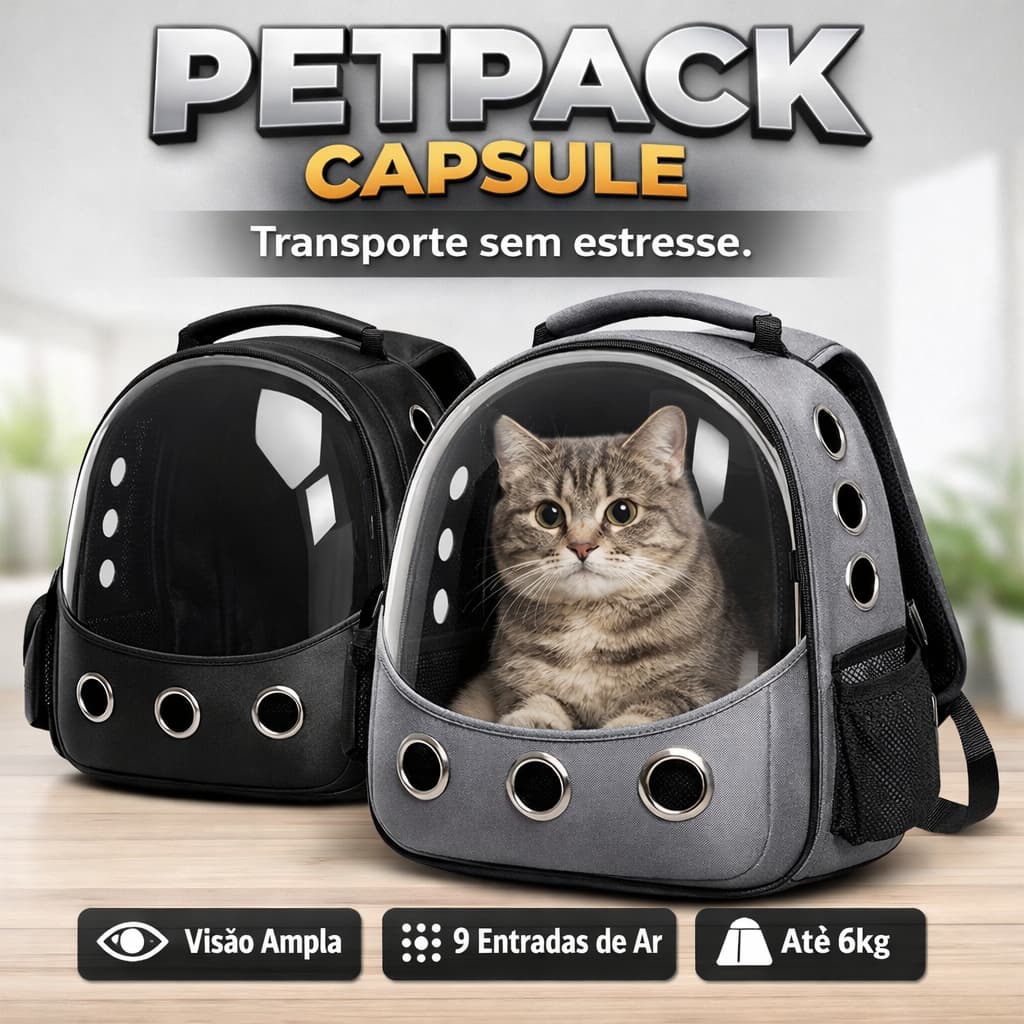 Petpack Capsule Mochila Pet Visão Ampla 9 Entradas de Ar Até 6kg Preta/Cinza - Cães e Gatos