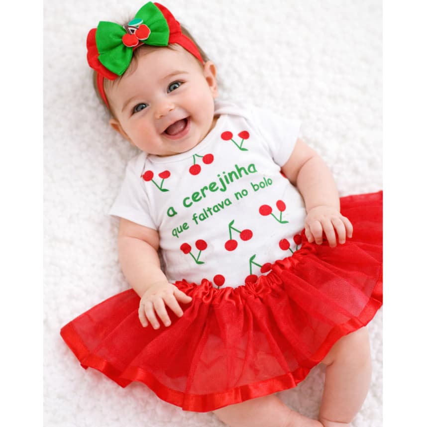 Body Bebê Temático CEREJINHA QUE FALTAVA NO BOLO - MESVERSÁRIO KIT BODY+SAIA+LAÇO BEBE MENINA FANTASIA