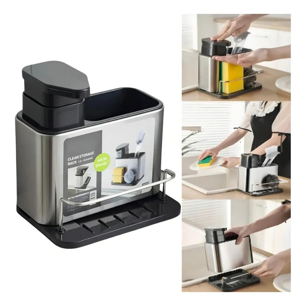Dispenser Detergente Inox com Porta Esponja 2 em 1 | Organizador de Pia | Suporte Sabão Líquido | Cozinha Prática