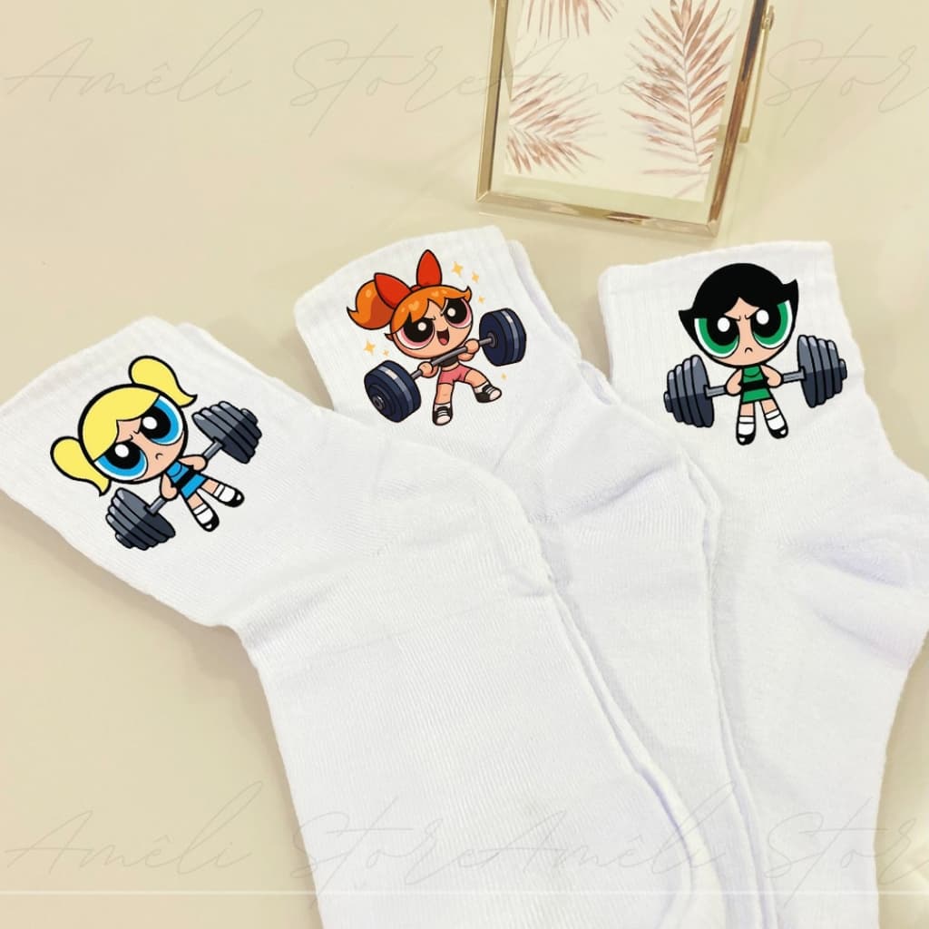 Kit 03 Pares de Meias Personalizadas Meninas Super Poderosas Meia Branca Cano Alto