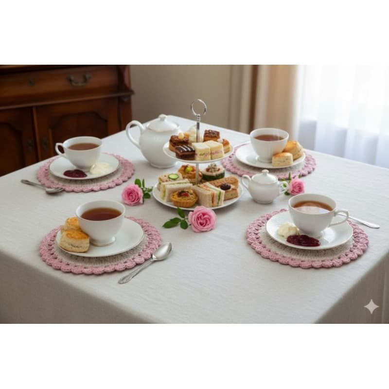 Jogo de chá/ Jogo de Café de crochê 26 cm. Kit 4 peças, jogo americano de crochê, sousplat de crochê, jogo de chá