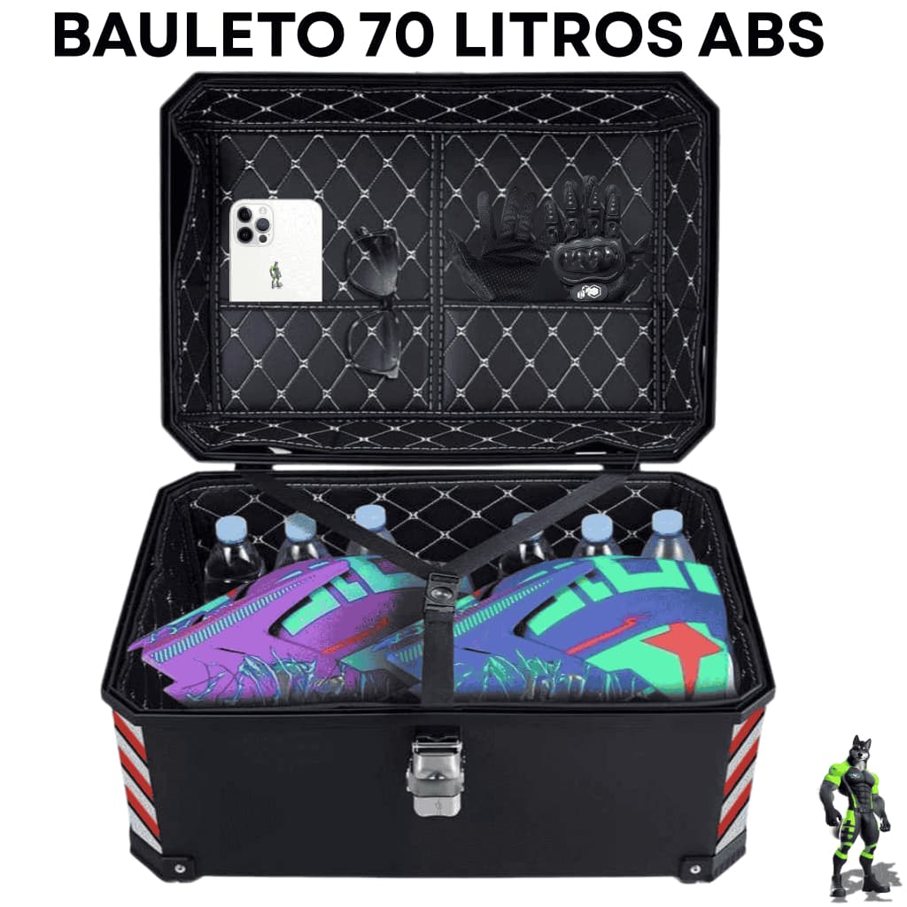Baú Plástico Reforçado 70 Litros Preto Com Forro/alça E Base Para Motos