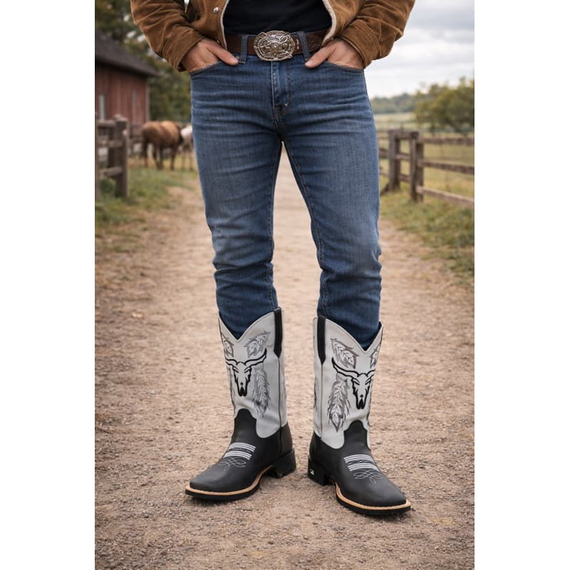 Bota Cowboy Masculino Couro Bordada Boi Country Texana Oferta Promoção Bico Quadrado
