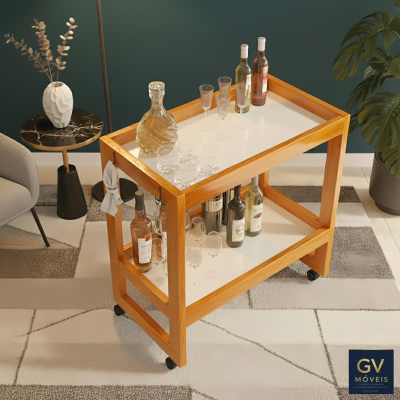 Aparador Multiuso Helena com Rodinhas e Puxador em Couro – Design Moderno, Funcional e Versátil