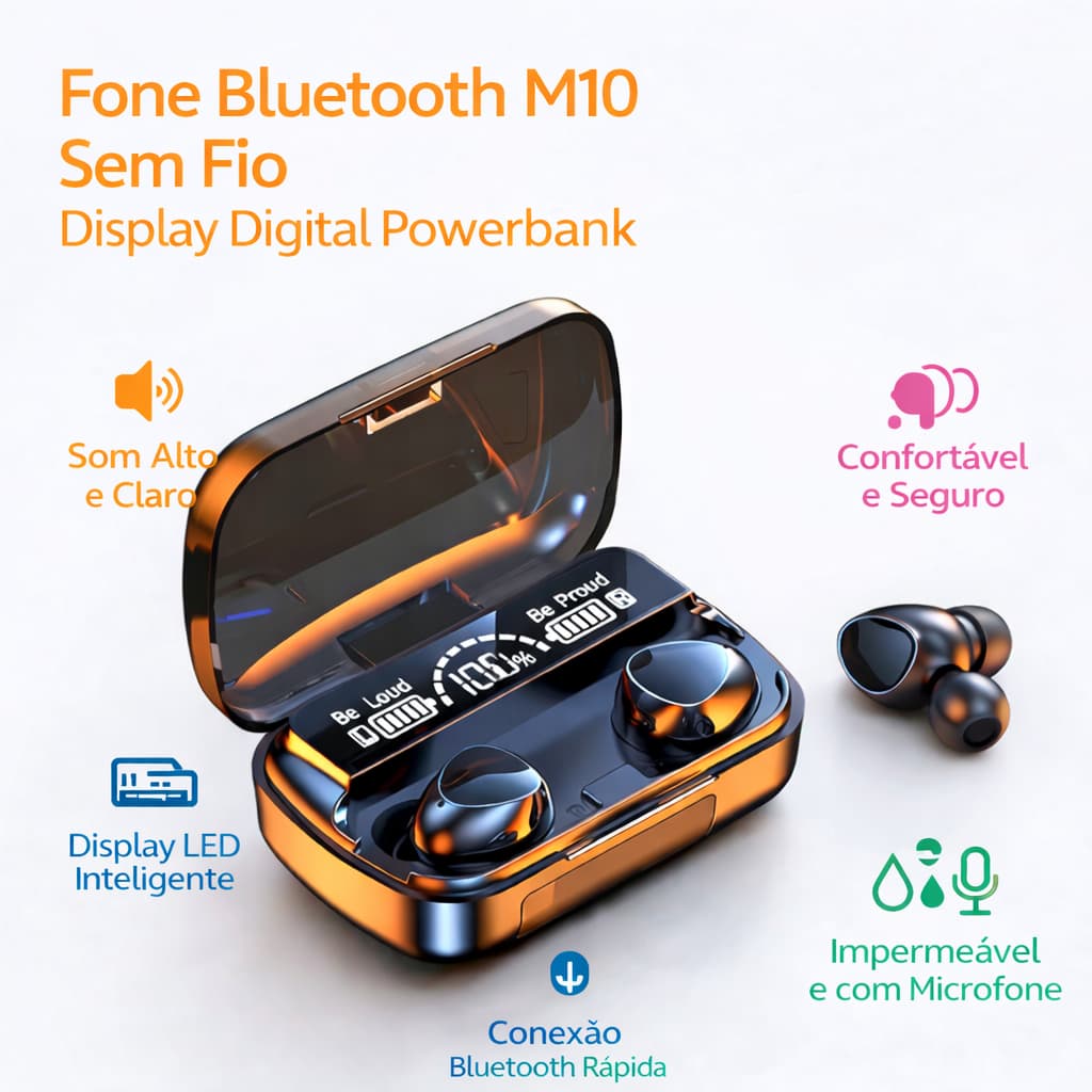 Fone de Ouvido Bluetooth Sem Fio Digital com Display LED, Som Potente e Bateria de Longa Duração