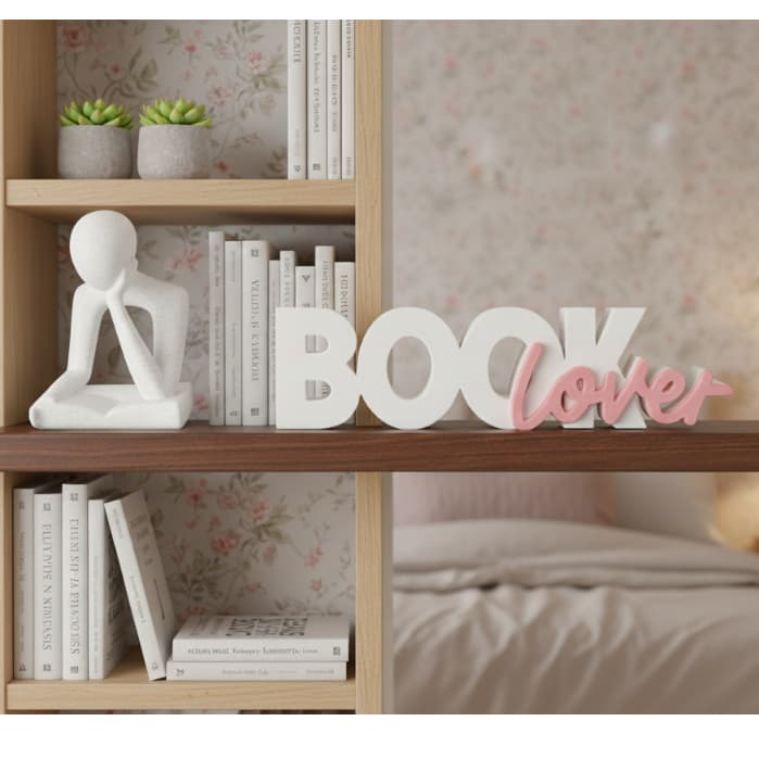 Kit Decoração  Livros Estátua Decorativa Leitor Livro + Letreiro Book lovers