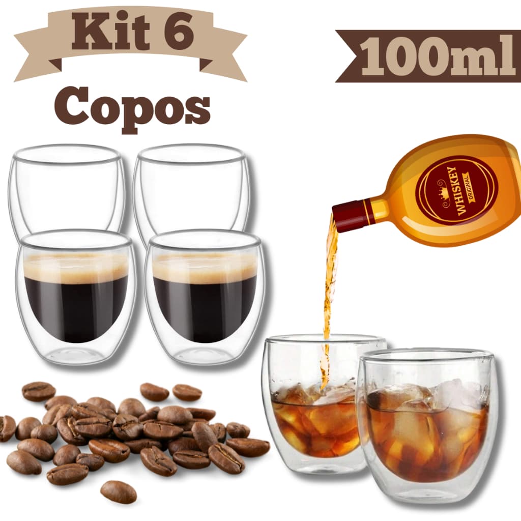 Jogo 6 Copos de Vidro Dupla Parede Resistentes ao Calor para Café 80ml