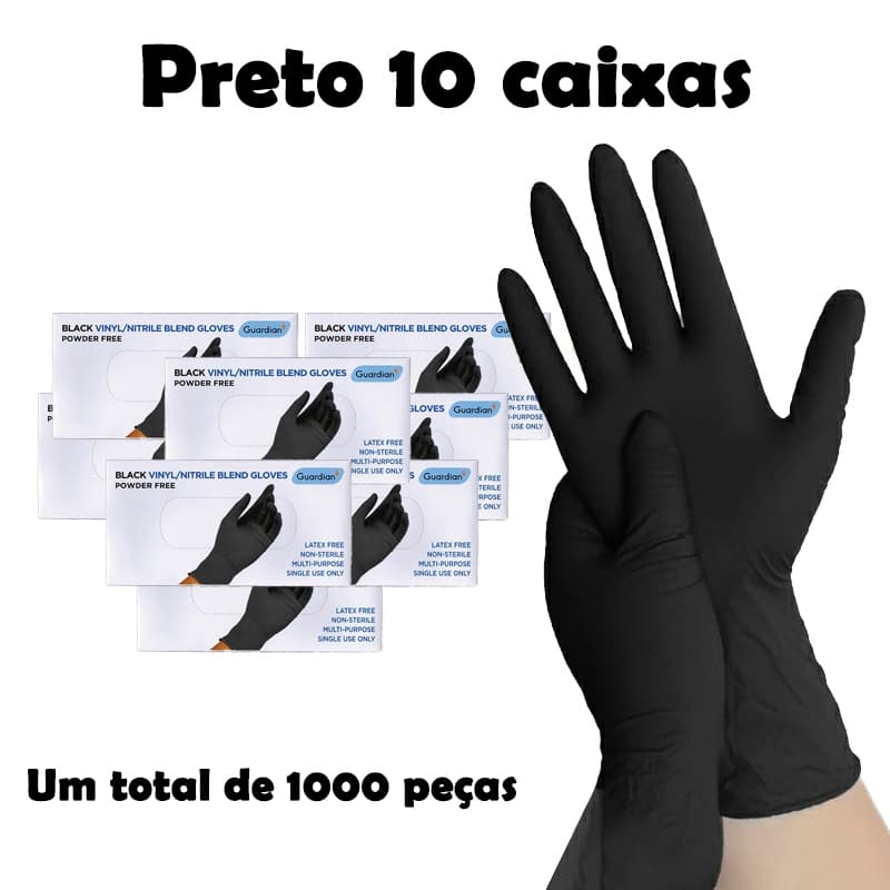1000 Luva Nitrílica Preta Descartável Sem Pó 1000 Unidades para uso Profissional