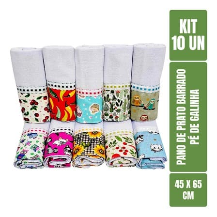 Pano de Prato Atoalhado Kit 10 Unidades 45x65cm Premium Estampado Com Bainha Variados