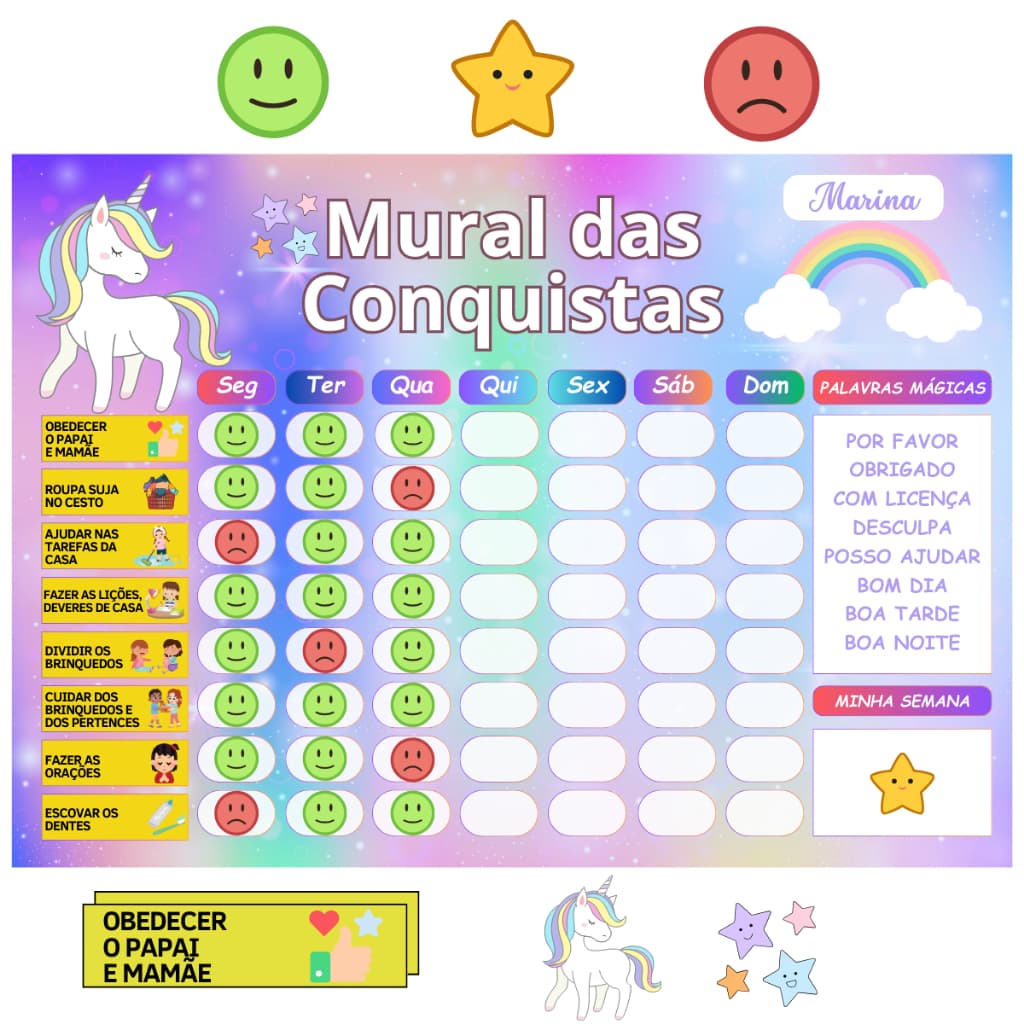 Quadro De Rotina Infantil Unicórnio Atividade Para Incentivo 22X30CM