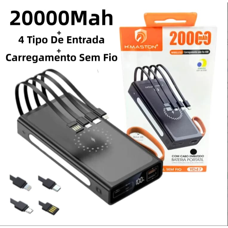 Carregador Portátil 20000Mah Com 4 Cabos Power Bank Sem Fio Carregamento Por Indução Yd47 H'maston