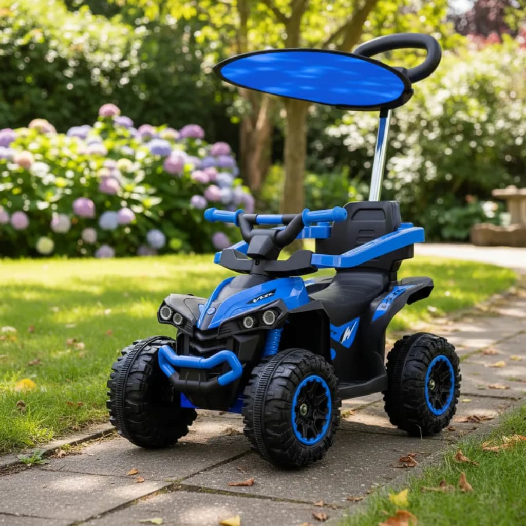 Carrinho Passeio Infantil Criança Quadriciclo Eletrico Infantil 6v Capota Haste Som USB Buzina Farol Azul