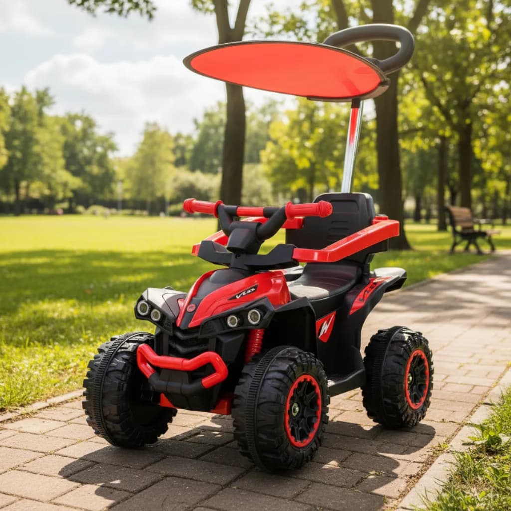 Carrinho com Empurrador Quadriciclo Elétrico Infantil, 6V, Vermelho e Cobertura