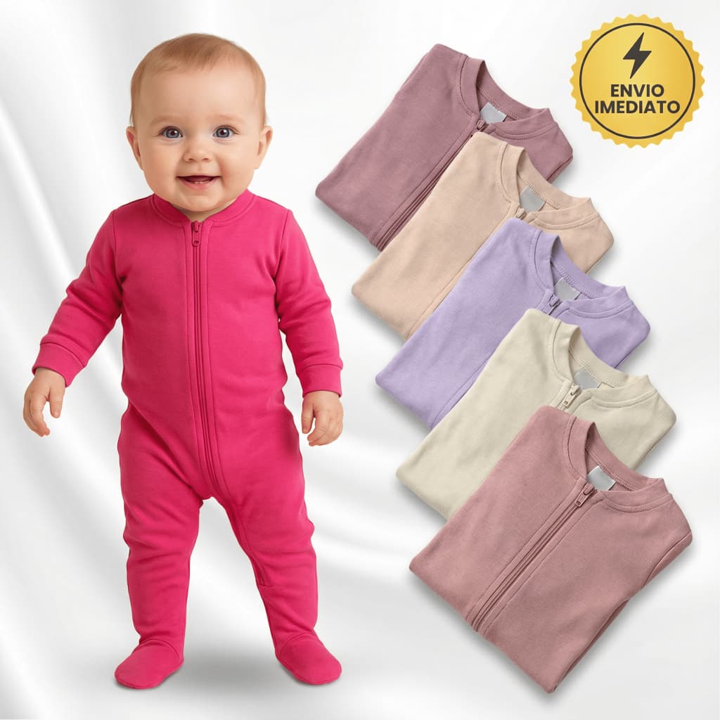 Kit 2 Macacões Zíper Menina Liso Bebê Algodão Vira Pé Inverno Infantil Macio Macacão