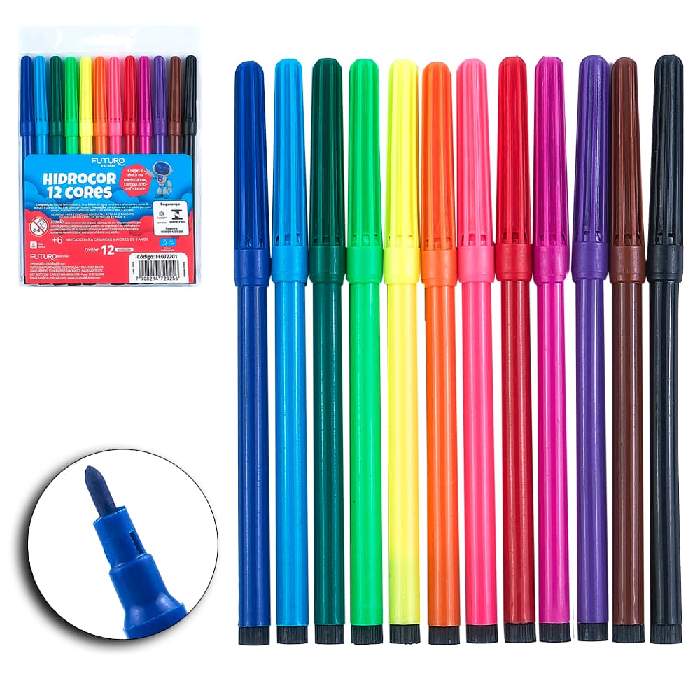 Kit Completo de Canetas Coloridas Futuro Escolar (12 Peças)