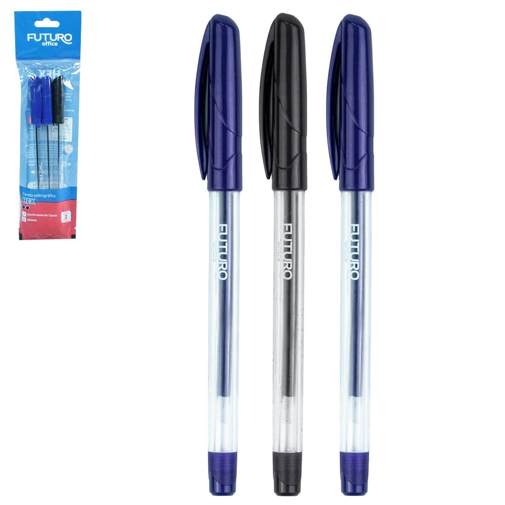 Caneta Esferográfica Sextavada 1.0mm – Escrita Macia | Azul e Preto | 3 Peças