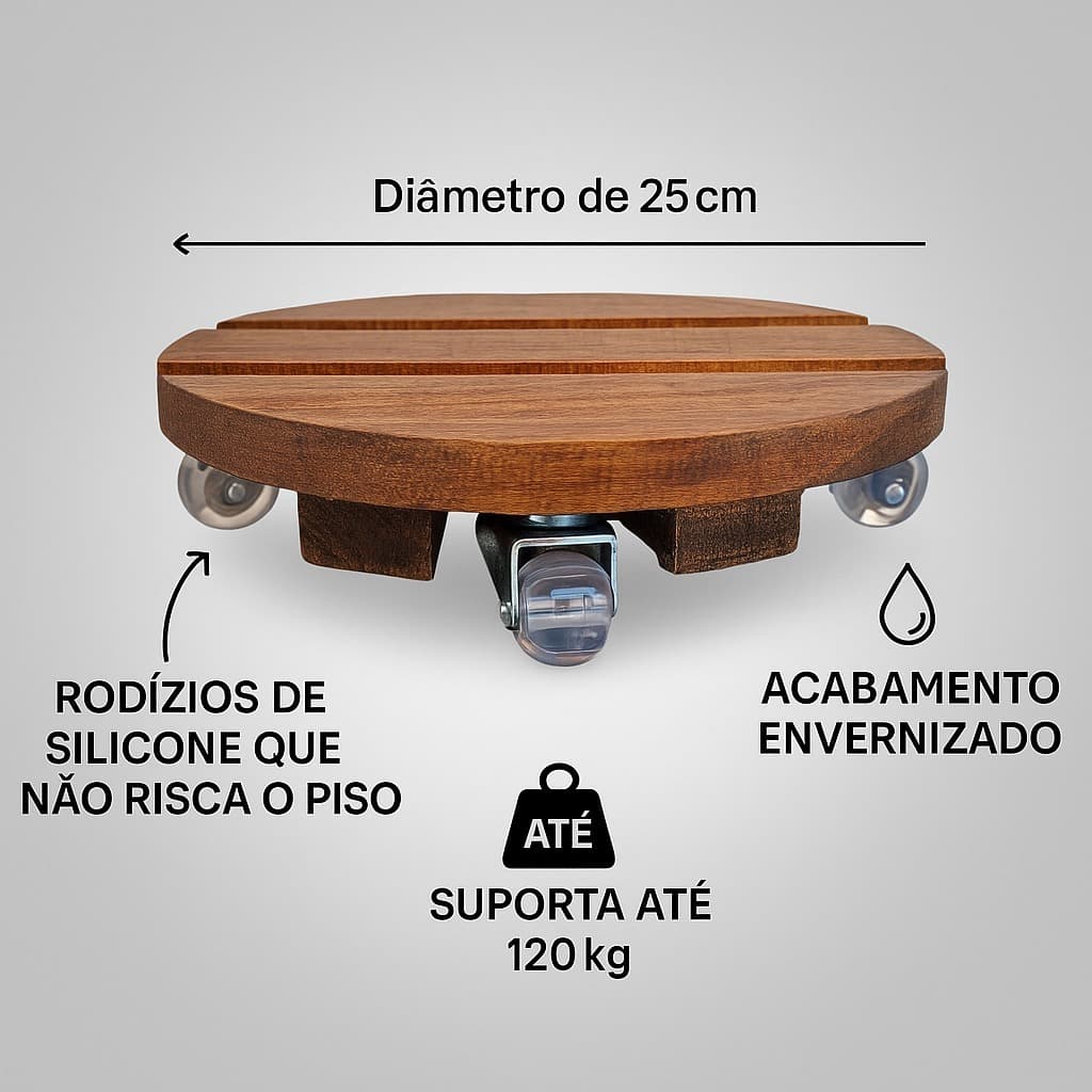 Suporte para Vaso Quadrado e Redondo 25 e 30 Cm com Rodinhas Giratórias Gel