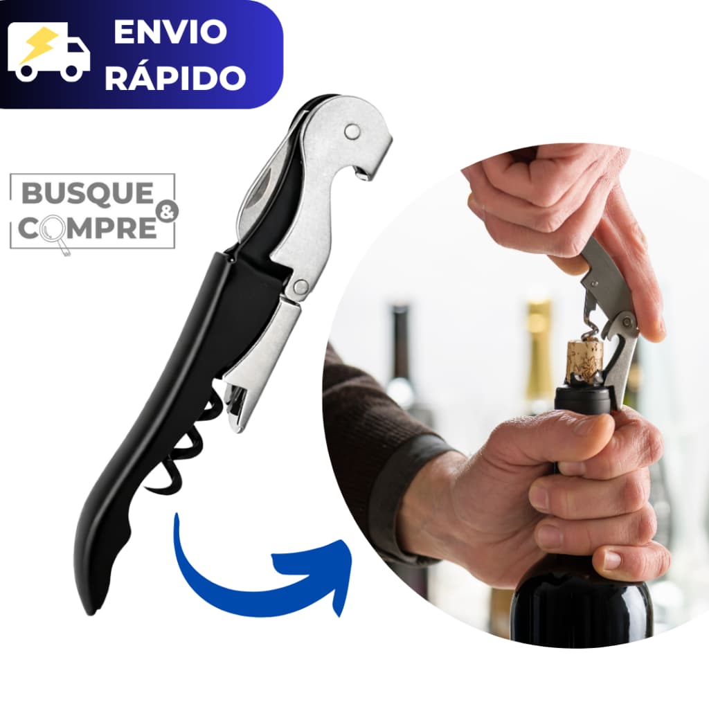 Abridor de Garrafas de Vinho Saca Rolhas Compacto e Prático em Aço Inox Multiuso Resistente