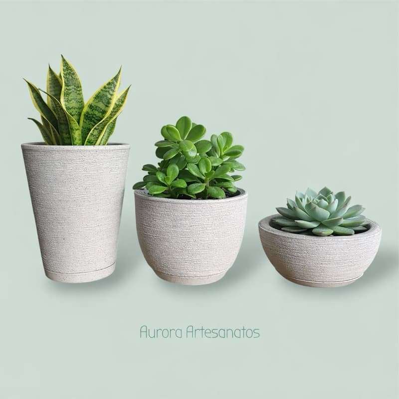 Vasos para Plantas Kit 3 Vasos Coluna Redonda Escovada 1 e Bojo Escavado 2 e Bacia Escovada 1 com prato coletor