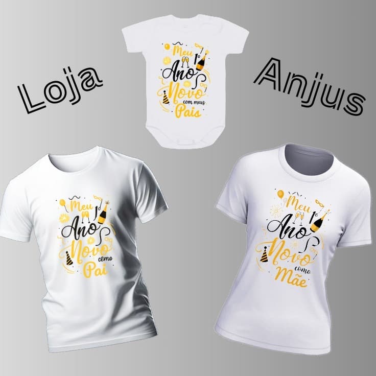 Kit Família - Camisetas Meu Primeiro ANO NOVO personalizada.