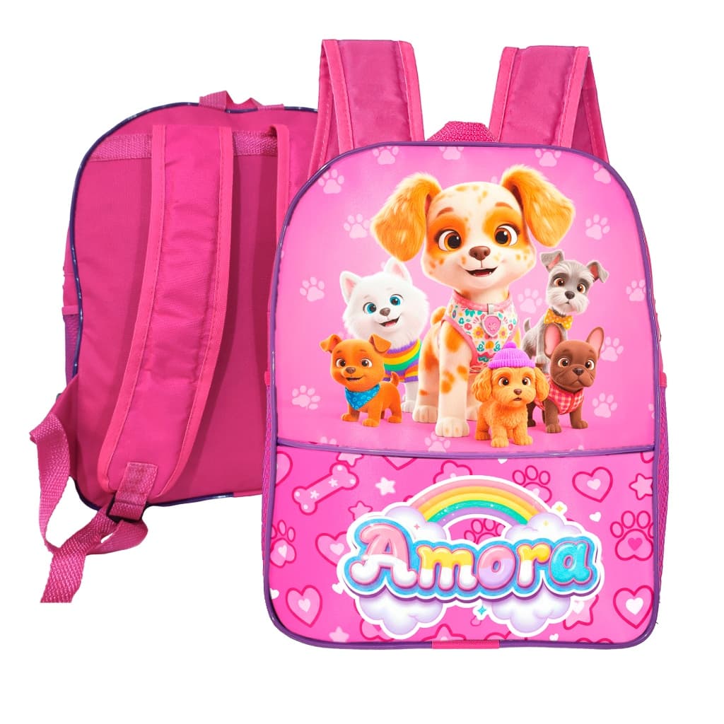 Mochila Bolsa Escolar Infantil de Menina Cãozinho Amora Estampa Cãozinho Fofo Rosa com Alça Ajustável