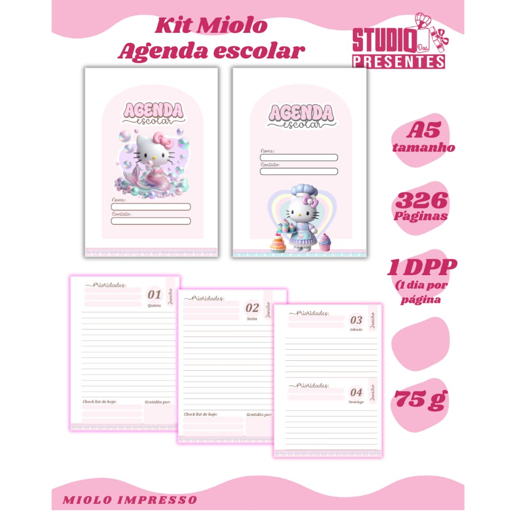 KIT COM 3 MIOLOS 1dpp AGENDA helokt infantil escolar confeiteira, sereia, impressao pigmentada alta qualidade 2026
