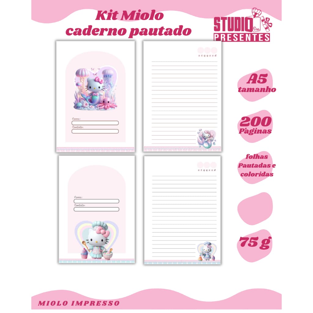 kit com 5 / 3 Caderno escolar Pautado helokyti confeiteira, sereia, Impressao alta qualidade tema infantil