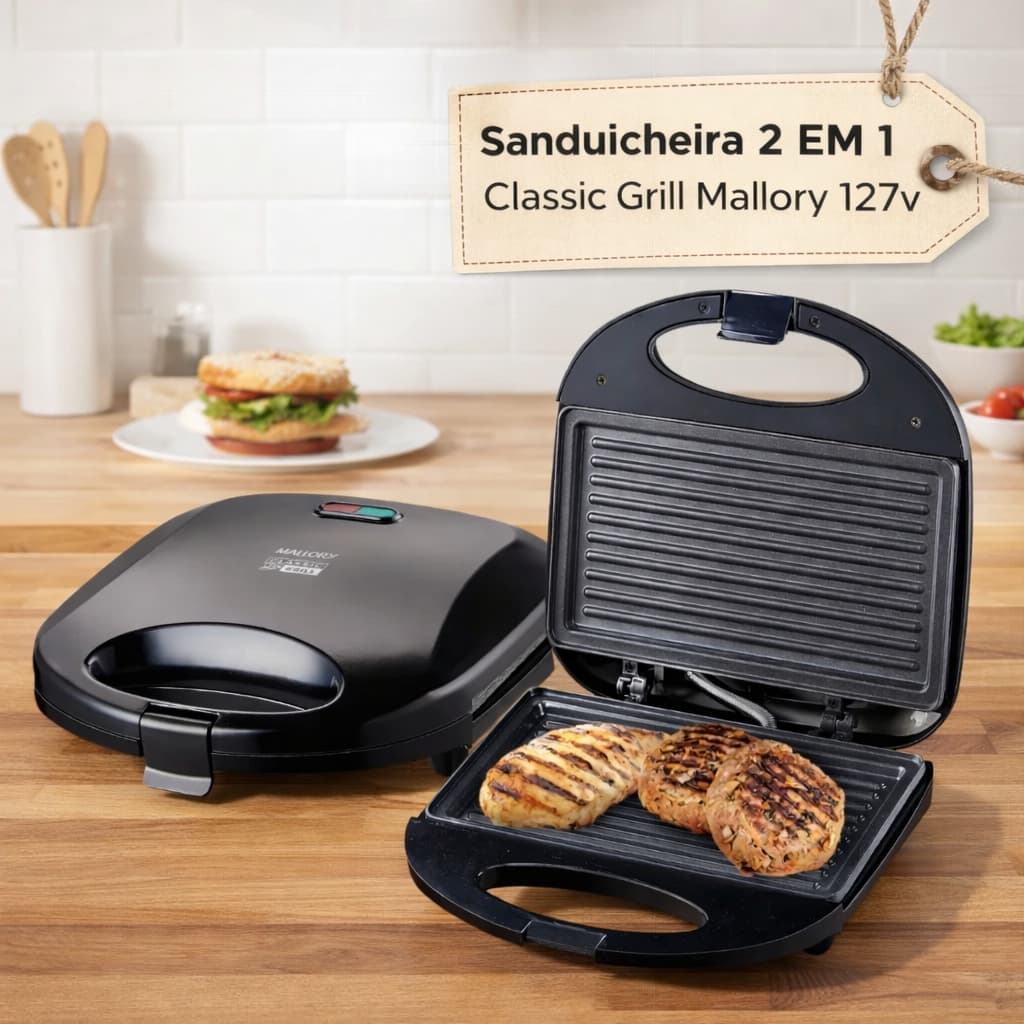 Sanduicheira e Grill Antiaderente 2x1 Classic Grill Mallory 127v Placas Duplas 750W
