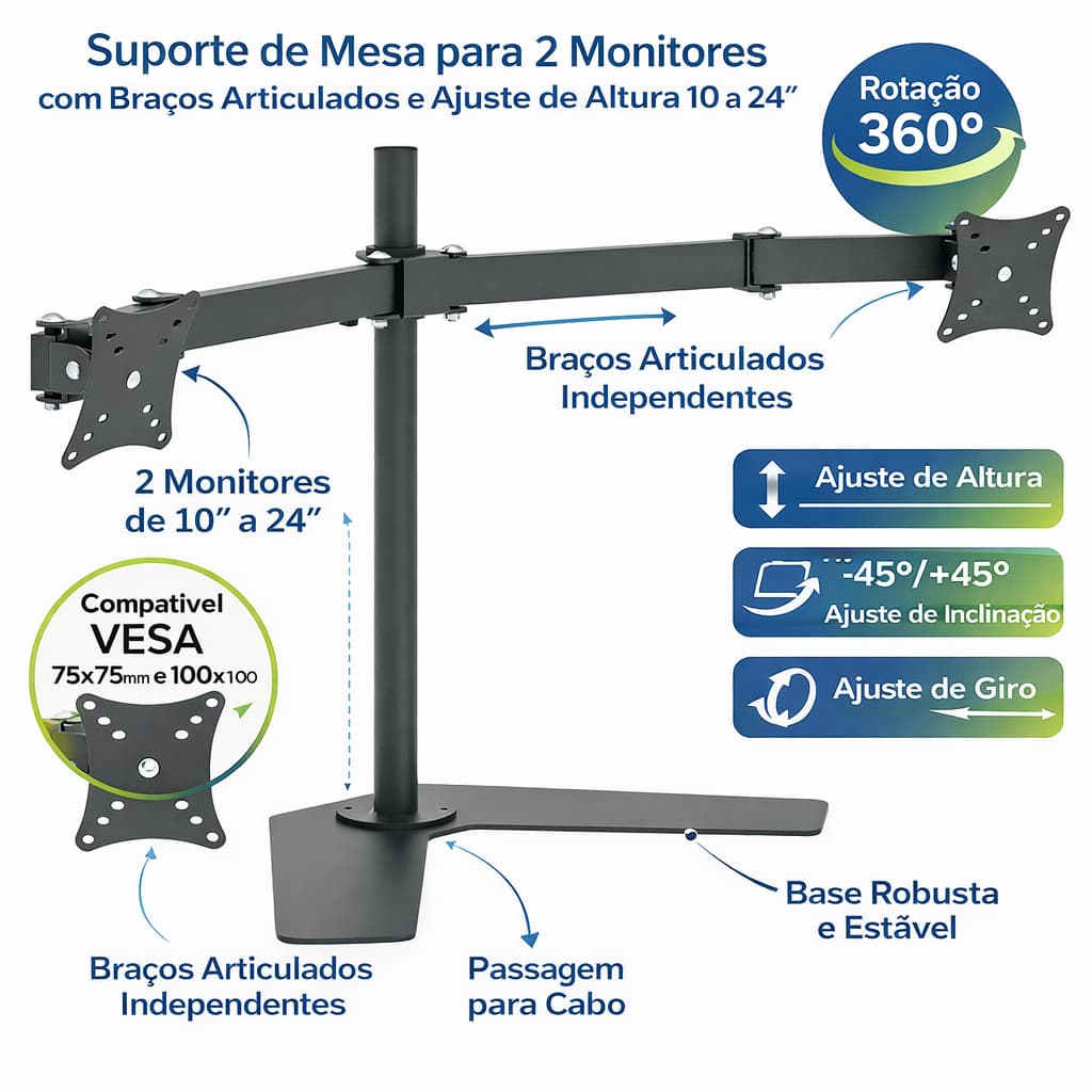 Suporte Duplo de Mesa para Monitor 10 a 24 Articulado com Ajuste de Altura