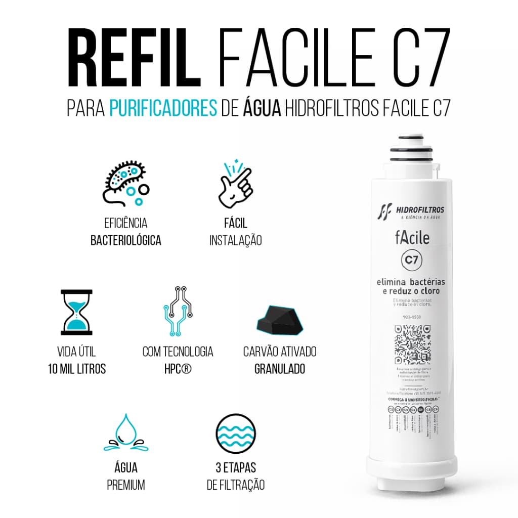 1 ou 2 Refis C7 Original Purificador de Água Hidrofiltros Facile Reduz Cloro e bebedouro de água
