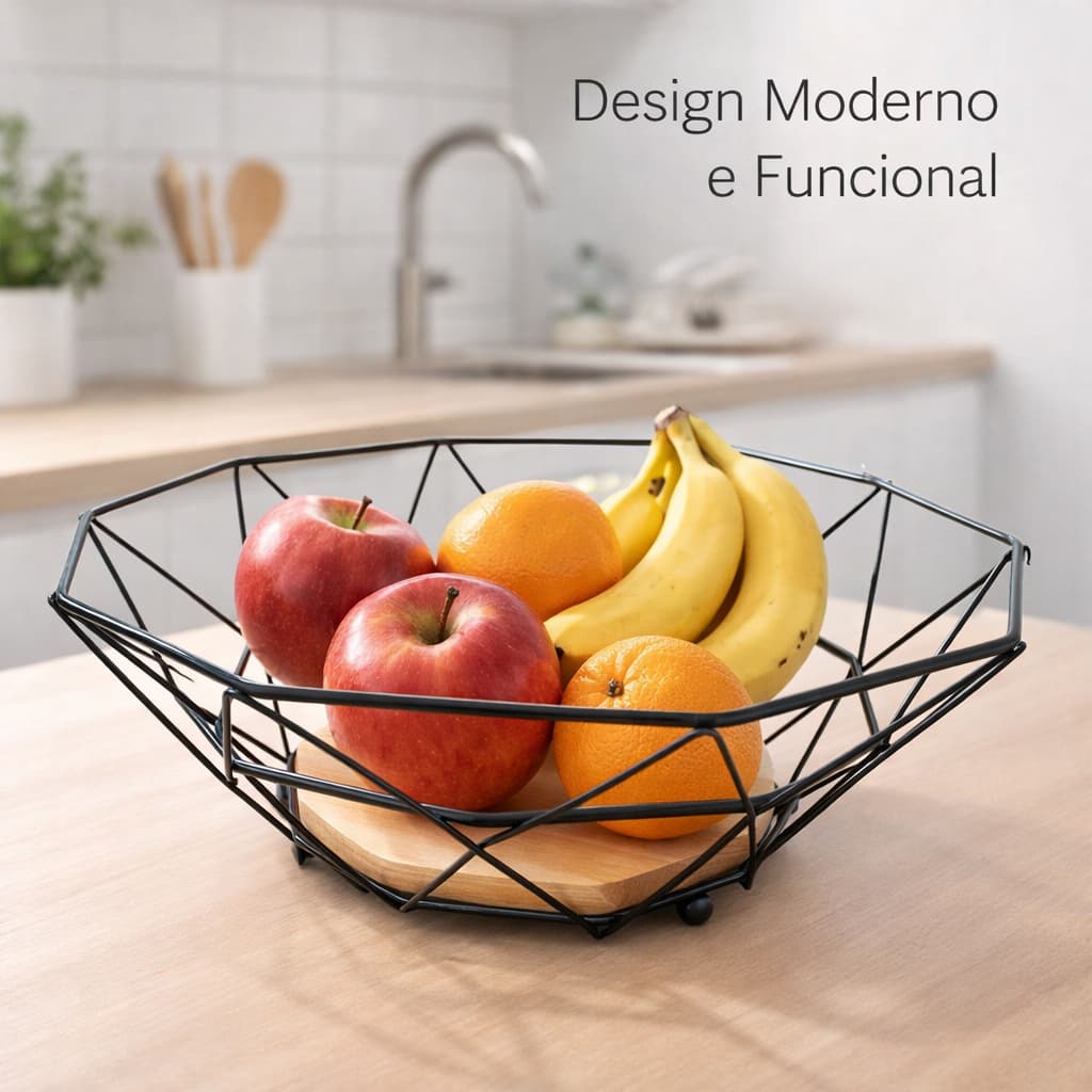 Fruteira Aramada Preta em Aço com Base de Madeira para Mesa e Cozinha