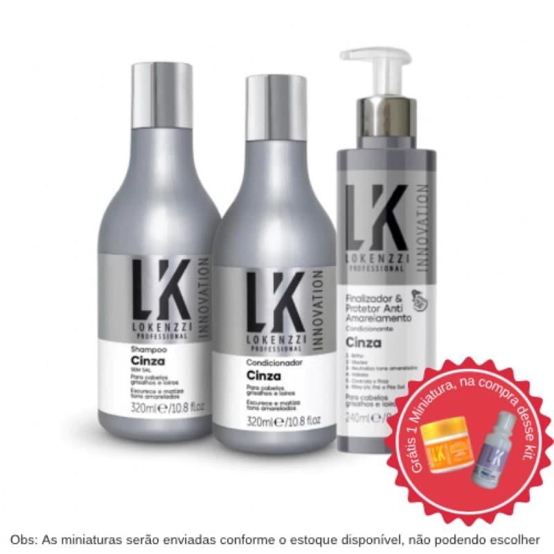 Kit Cinza Tratamento para Cabelos Grisalhos e Brancos (3 Produtos) Shampoo, Condicionador e Finalizador Lokenzzi